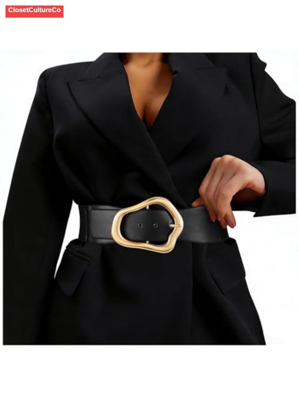 Wide Elastic Waist Belt Big Gold Buckle Stretchy Leather Dress Waistband